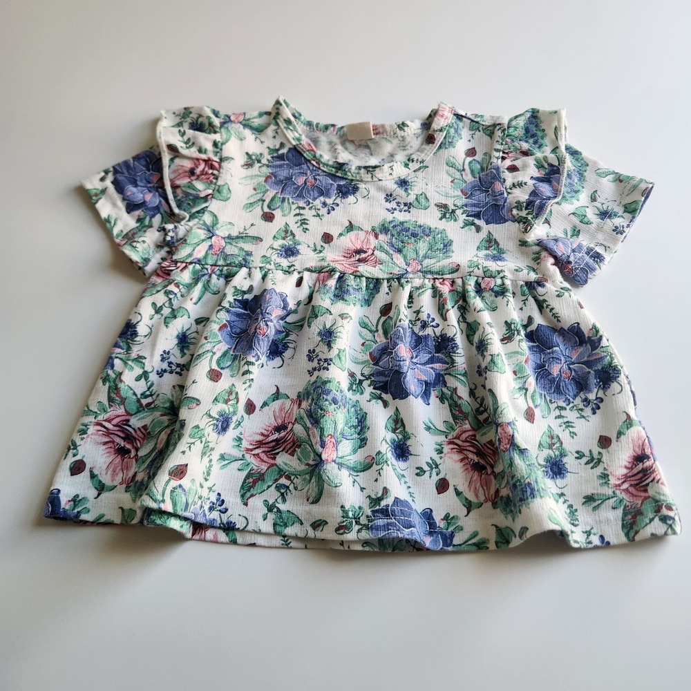 Toddler Girls Floral Babydoll Top Blue Pink Ruffle Sleeve Cotton Blouse Size 3T‎